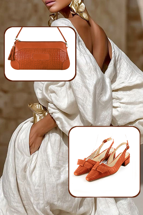Dress slingback heels in terracotta orange leather with low block heels and tapered toe - Worn view